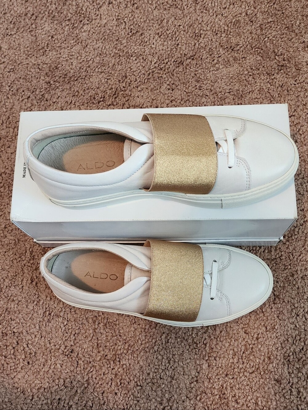 ALDO White Slip-On Sneakers with Metallic Gold Band